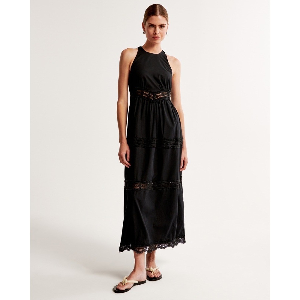 Abercrombie & Fitch Lace Trim High Neck Midi Dress MP Black Boho Resort Vacation